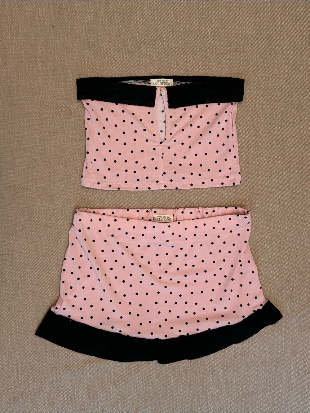 One of One Pink Polka Dot Tube Top and Mini Skirt Set with Black Trim - Picture 9 of 9